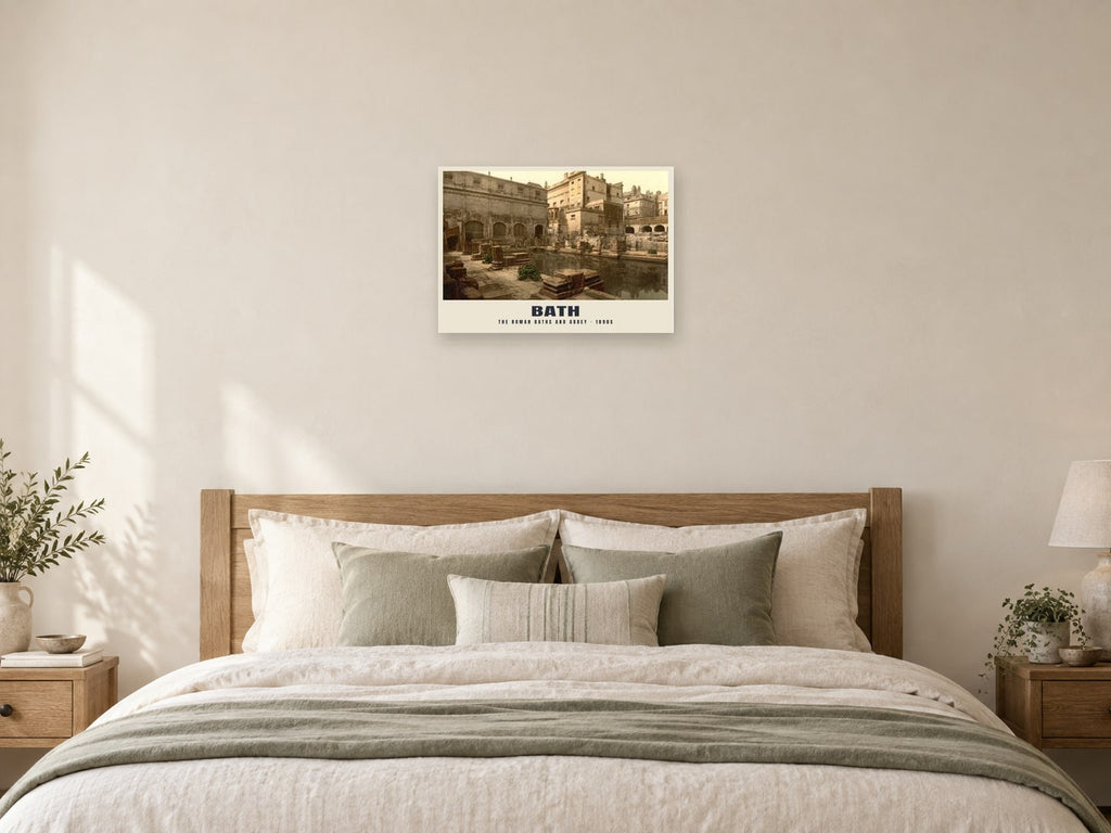 The Roman Baths and Abbey, 1890s Heritage Print at A2, as a poster, above a bed