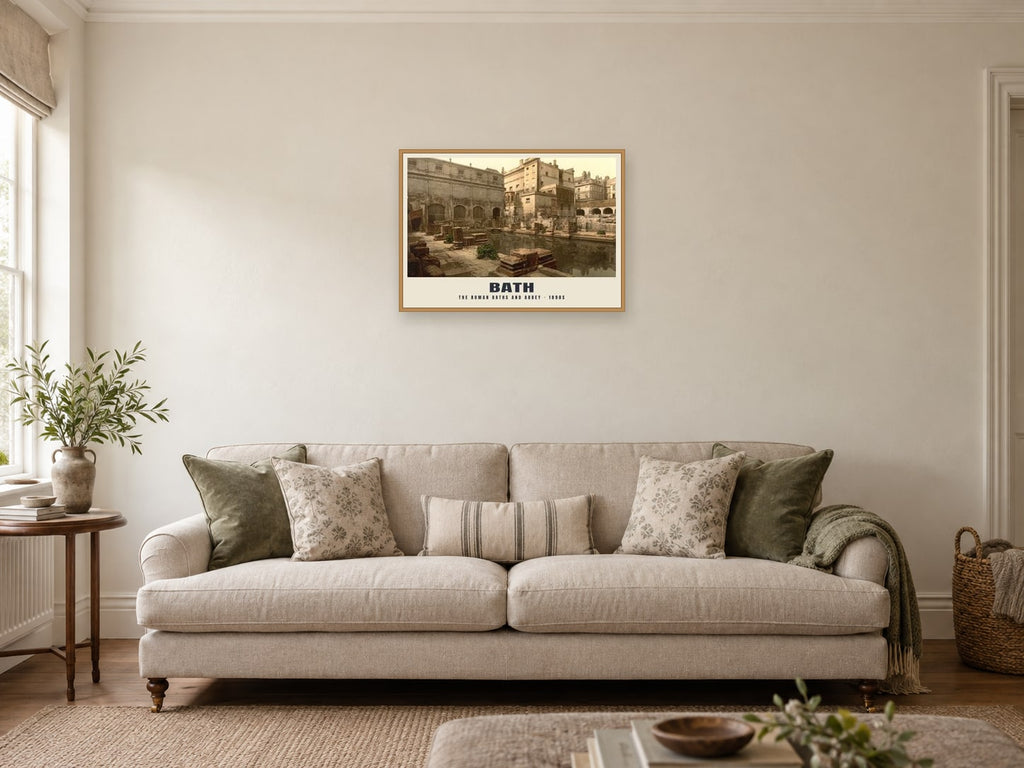 The Roman Baths and Abbey, 1890s Heritage Print at A2, in a natural wood frame, in a sitting room