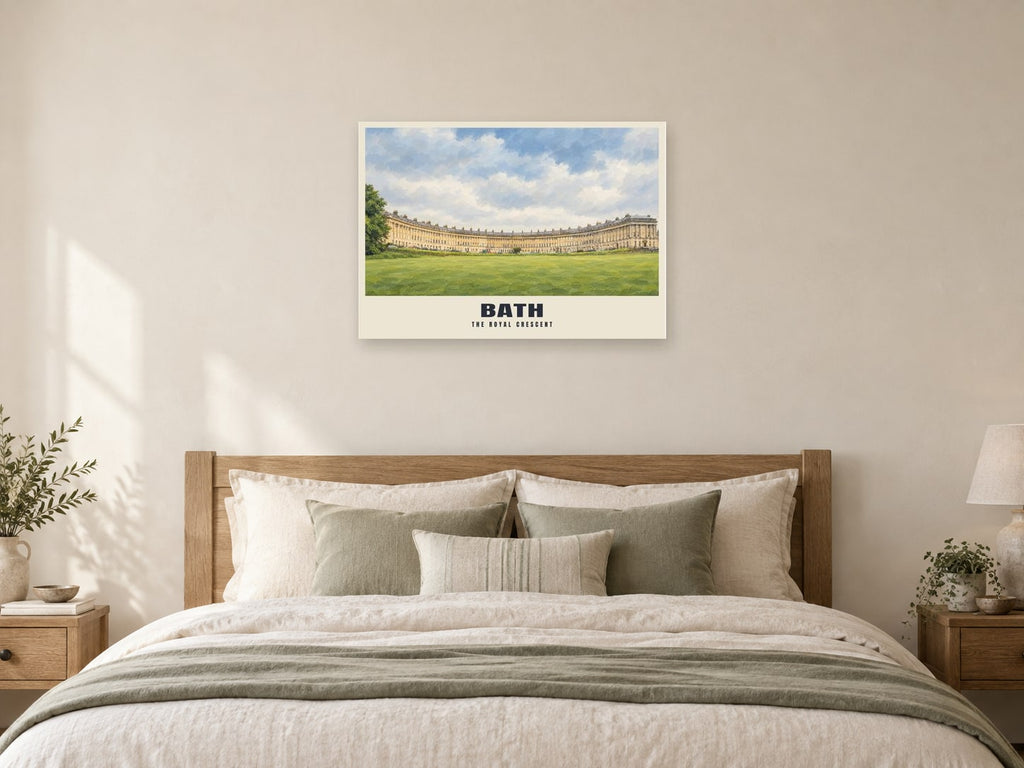 The Royal Crescent, Bath Poster at A1, as a poster, above a bed