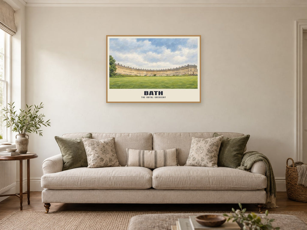 The Royal Crescent, Bath Poster at A1, in a natural wood frame, in a sitting room
