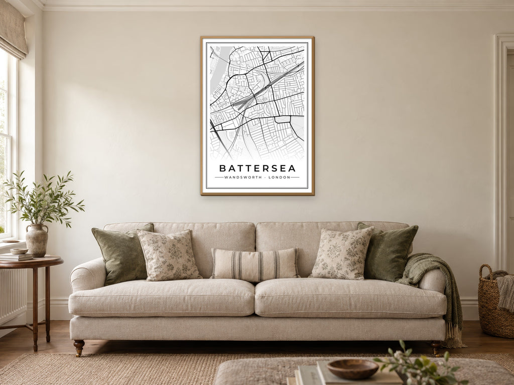 Battersea Street Map Poster at A1, in a natural wood frame, in a sitting room