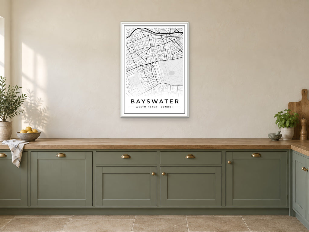 Bayswater Street Map Poster at A1, in a white frame, in a kitchen