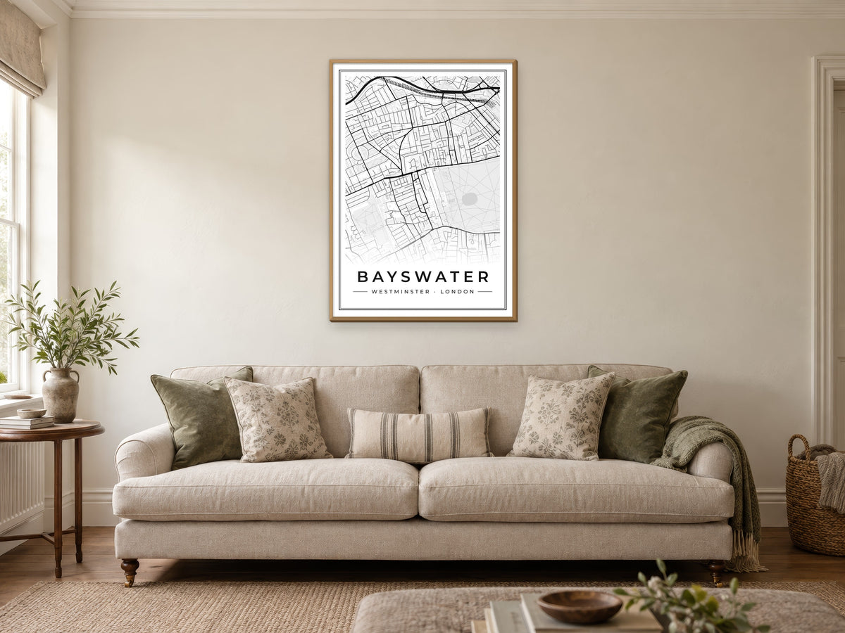 Bayswater Street Map Poster at A1, in a natural wood frame, in a sitting room