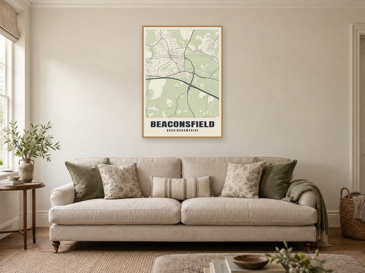 Beaconsfield Street Map Poster at A1, in a natural wood frame, in a sitting room
