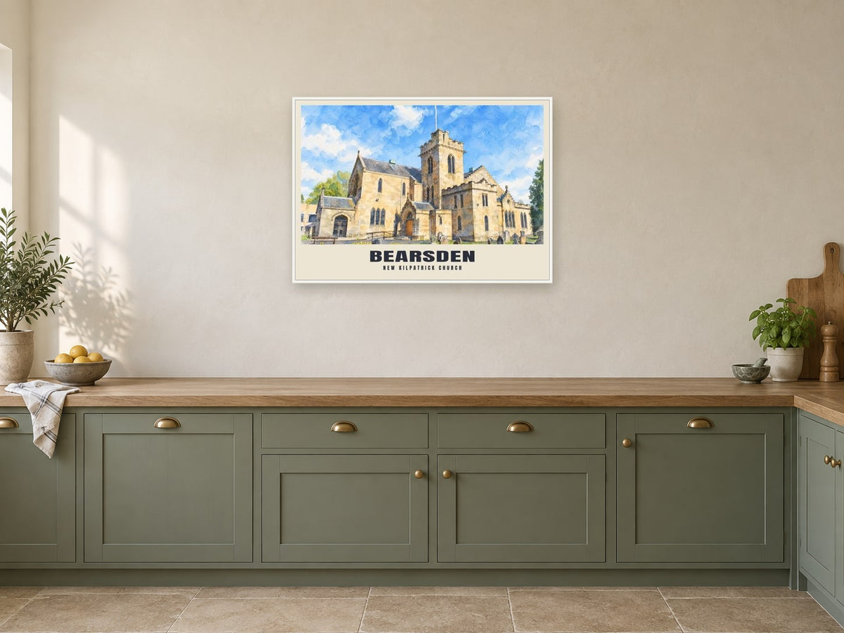New Kilpatrick Church, Bearsden Poster at A1, in a white frame, in a kitchen