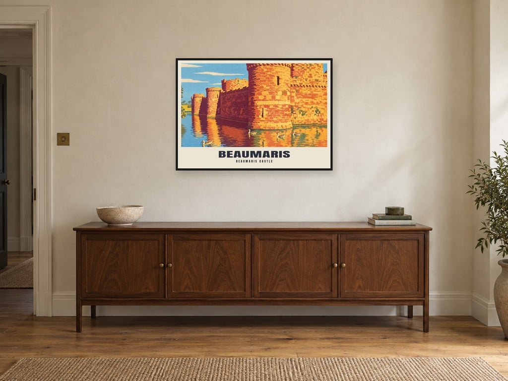 Beaumaris Castle Poster at A1, in a black frame, above a sideboard
