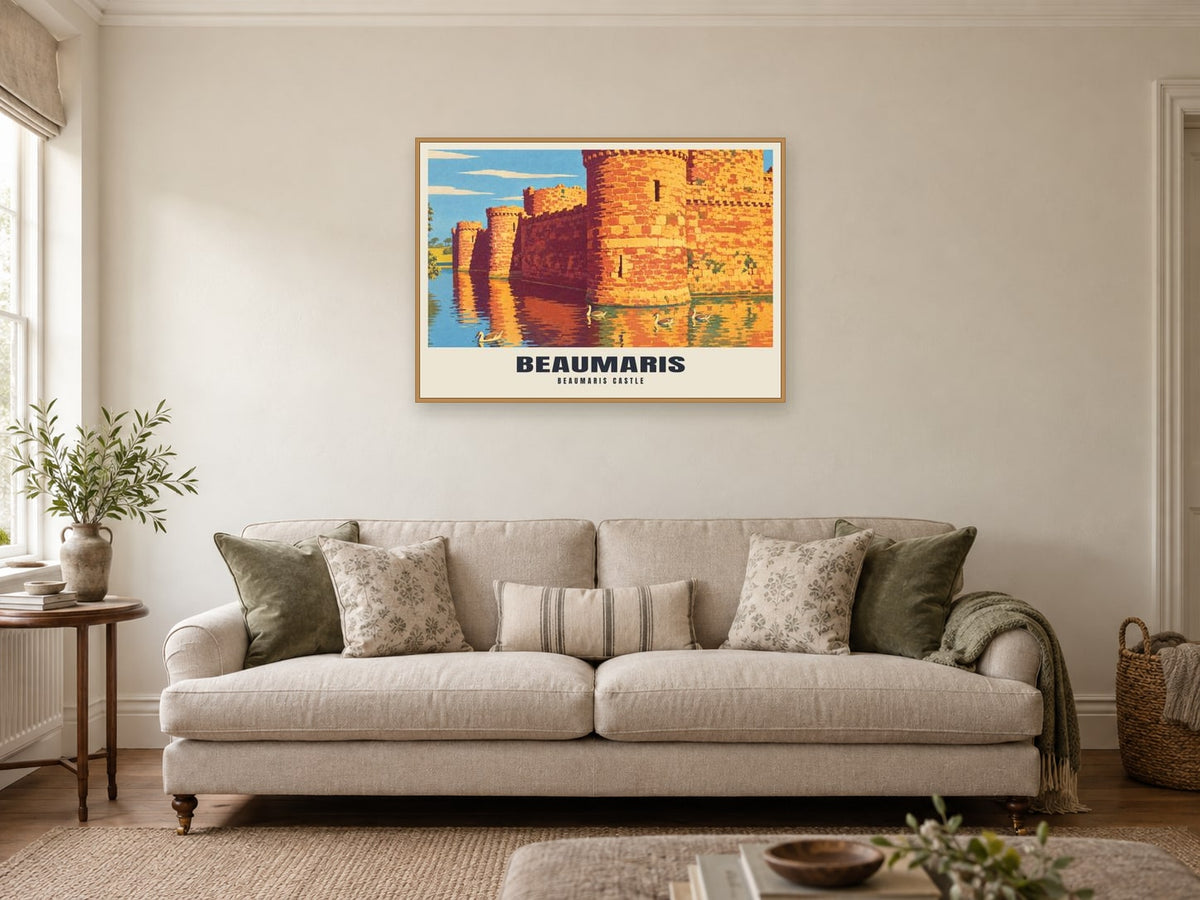 Beaumaris Castle Poster at A1, in a natural wood frame, in a sitting room