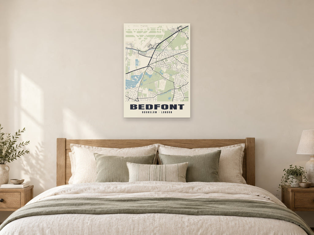 Bedfont Heritage Street Map Poster at A1, as a poster, above a bed