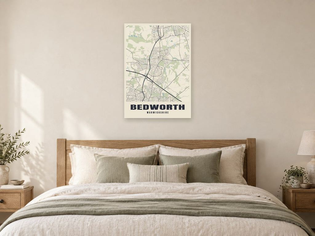 Bedworth Street Map Poster at A1, as a poster, above a bed