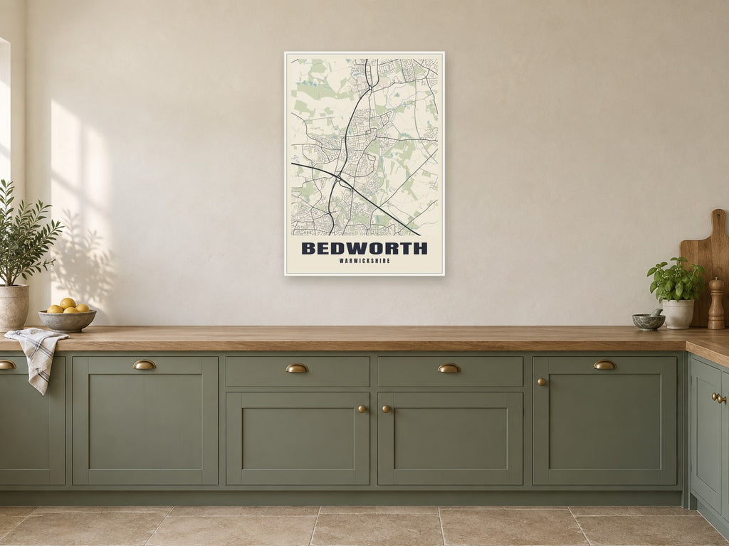Bedworth Street Map Poster at A1, in a white frame, in a kitchen