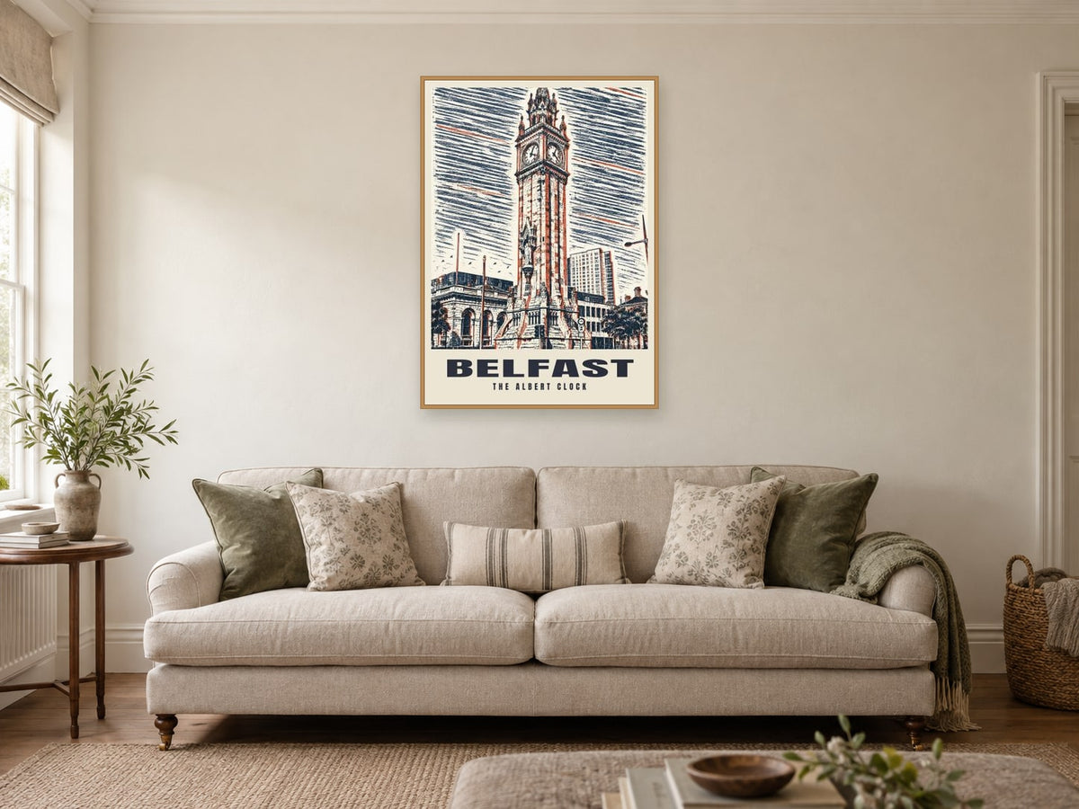 The Albert Clock, Belfast Poster at A1, in a natural wood frame, in a sitting room