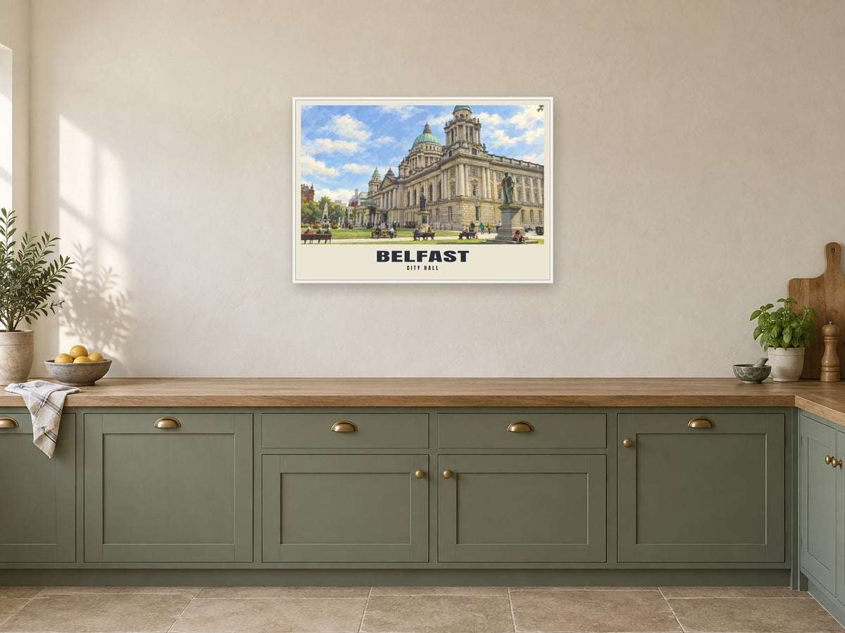 City Hall, Belfast Poster at A1, in a white frame, in a kitchen