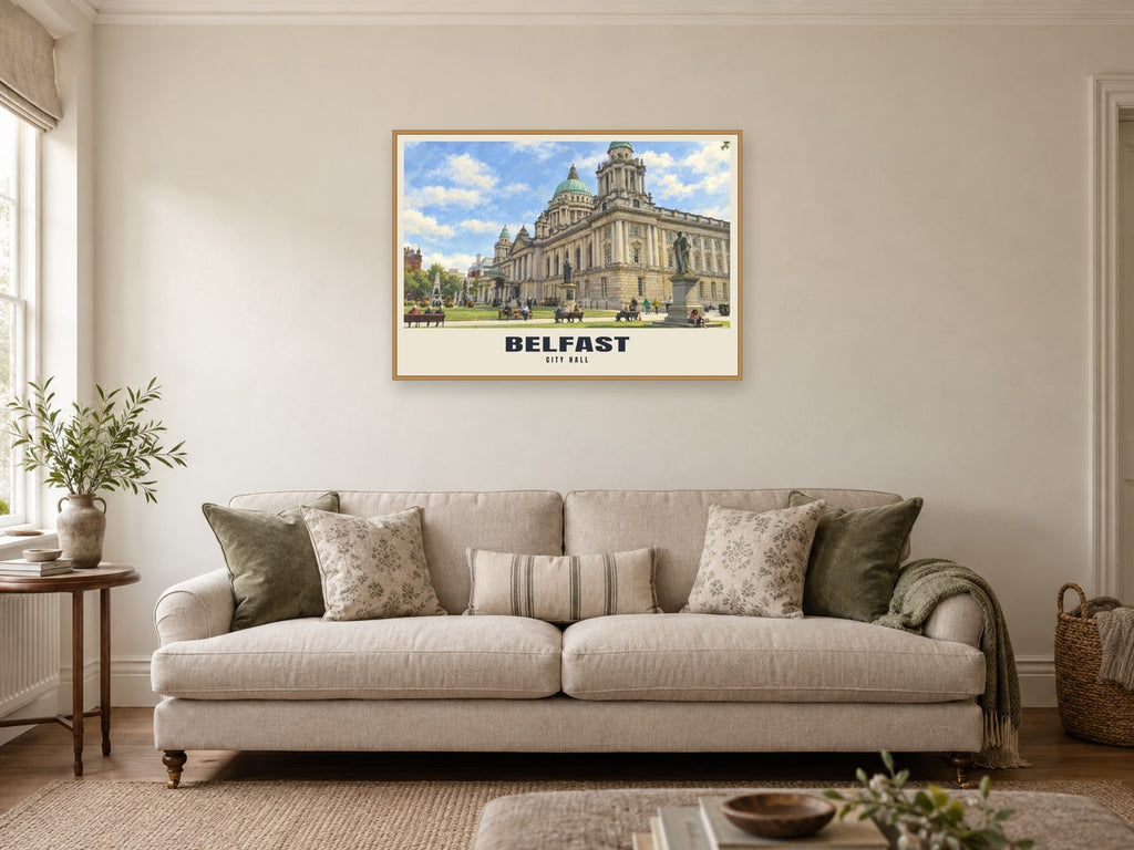 City Hall, Belfast Poster at A1, in a natural wood frame, in a sitting room
