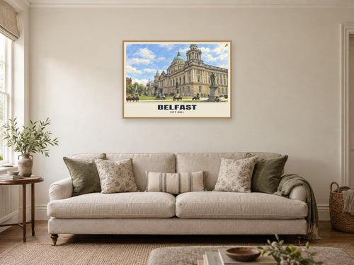 City Hall, Belfast Poster at A1, in a natural wood frame, in a sitting room