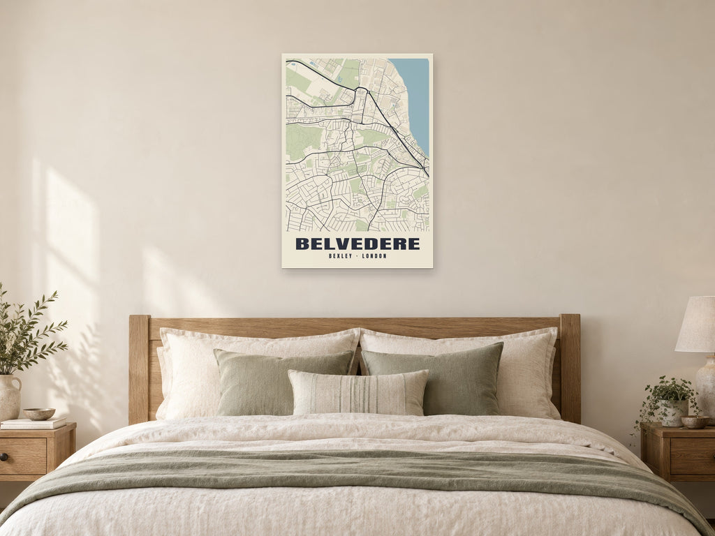 Belvedere Heritage Street Map Poster at A1, as a poster, above a bed