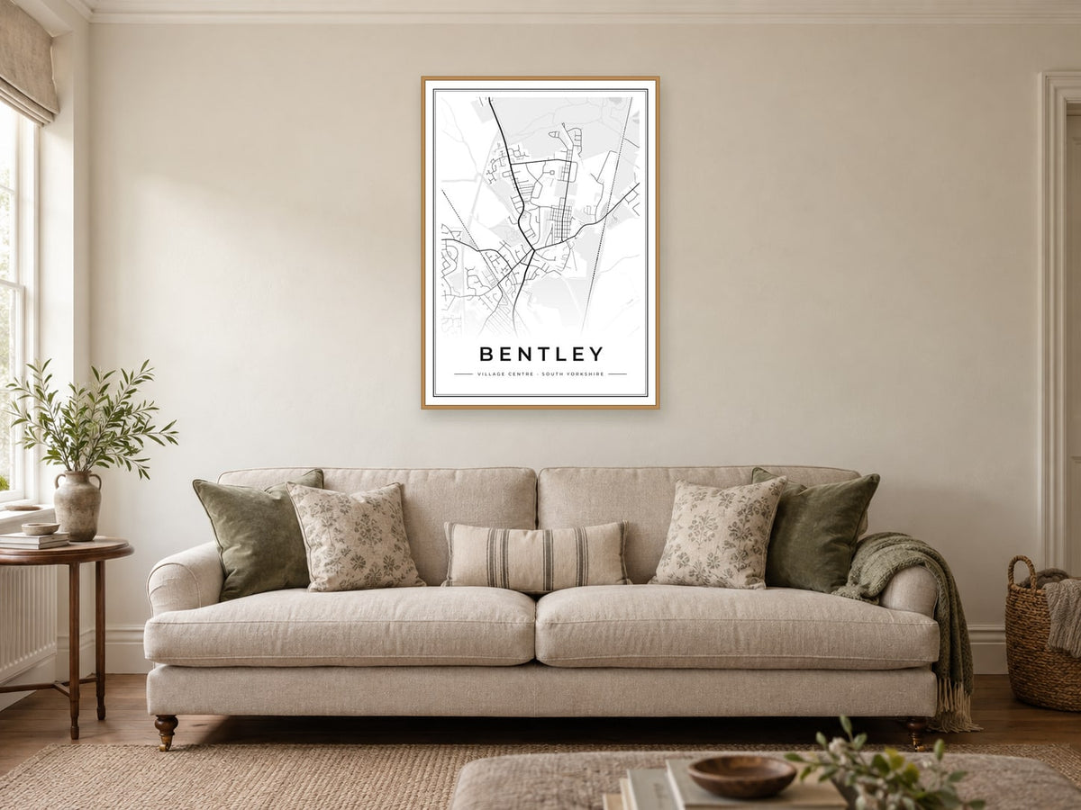 Bentley Village Centre Street Map Poster at A1, in a natural wood frame, in a sitting room