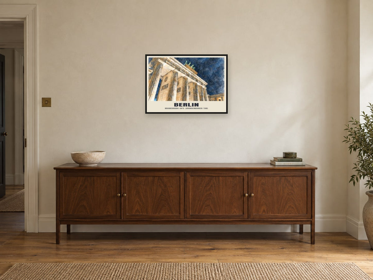Brandenburg Gate (Brandenburger Tor), Berlin English Watercolour Poster at A2, in a black frame, above a sideboard