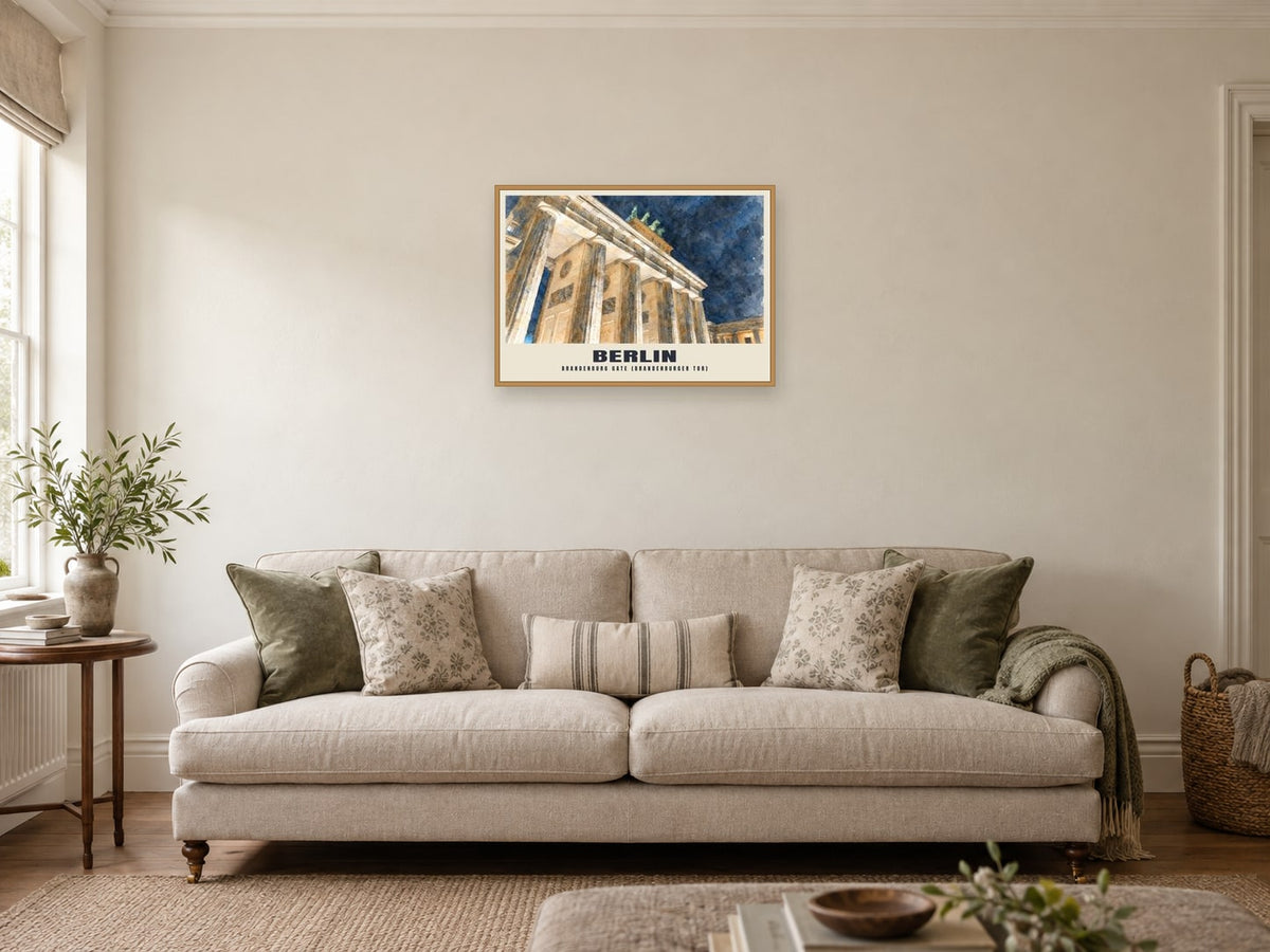 Brandenburg Gate (Brandenburger Tor), Berlin English Watercolour Poster at A2, in a natural wood frame, in a sitting room