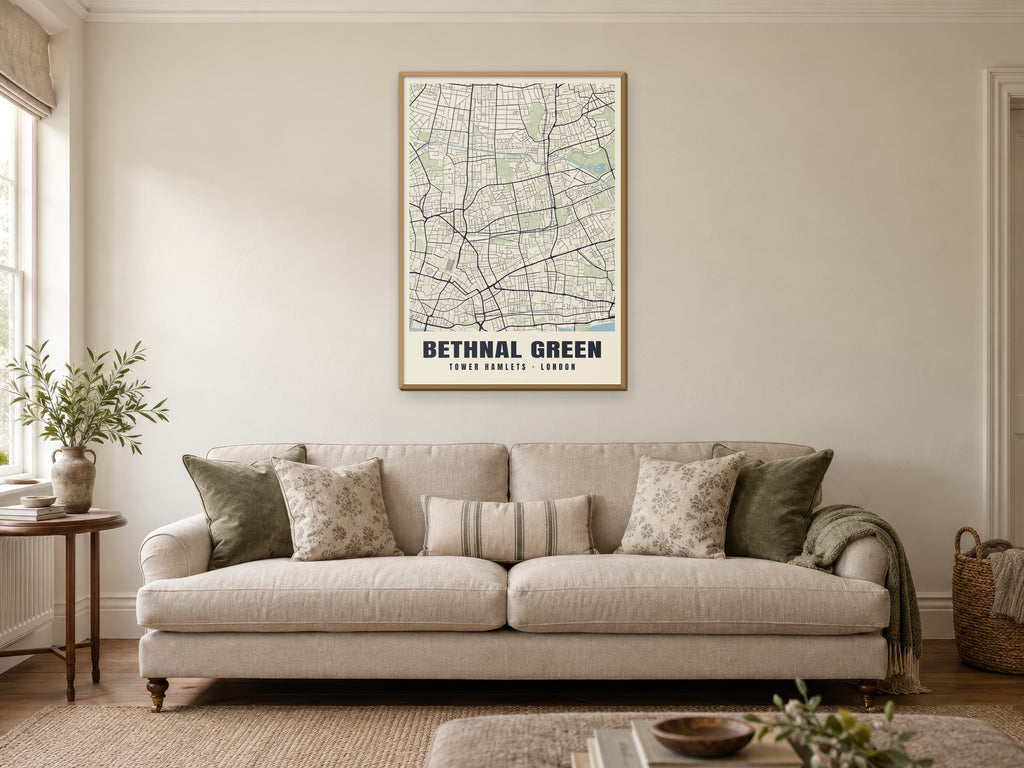 Bethnal Green Heritage Street Map Poster at A1, in a natural wood frame, in a sitting room