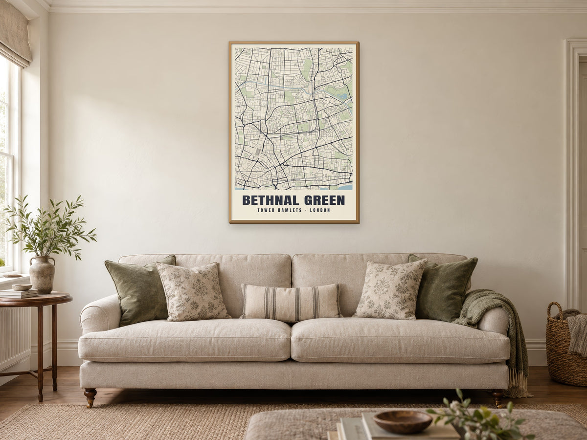 Bethnal Green Heritage Street Map Poster at A1, in a natural wood frame, in a sitting room