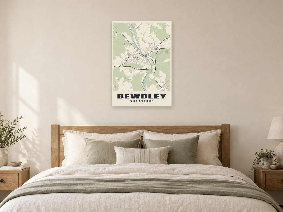 Bewdley Street Map Poster at A1, as a poster, above a bed