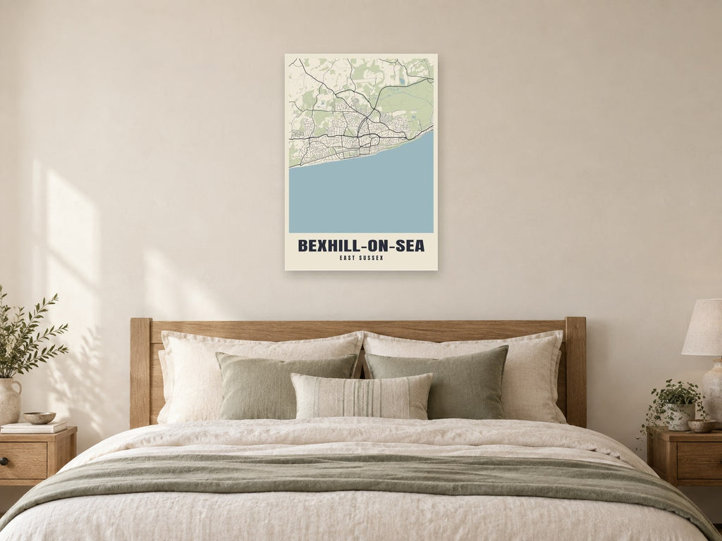 Bexhill-on-Sea Street Map Poster at A1, as a poster, above a bed