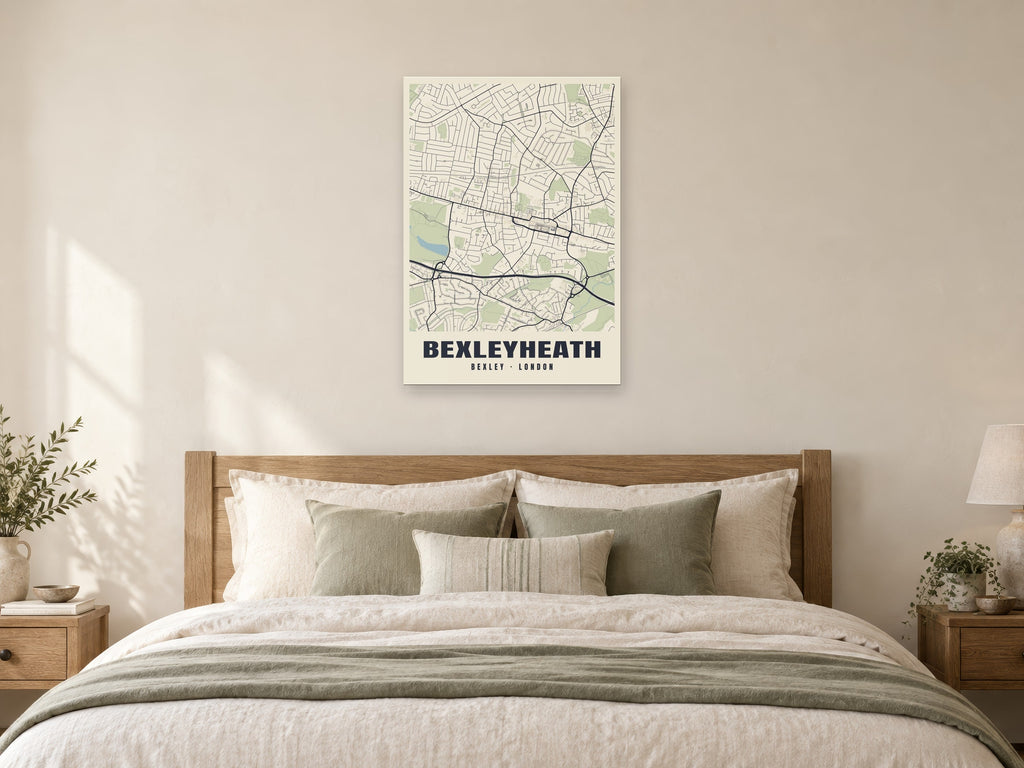 Bexleyheath Heritage Street Map Poster at A1, as a poster, above a bed