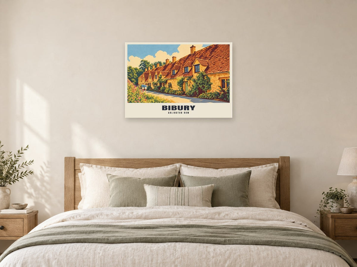 Arlington Row, Bibury Poster at A1, as a poster, above a bed
