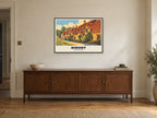 Arlington Row, Bibury Poster at A1, in a black frame, above a sideboard