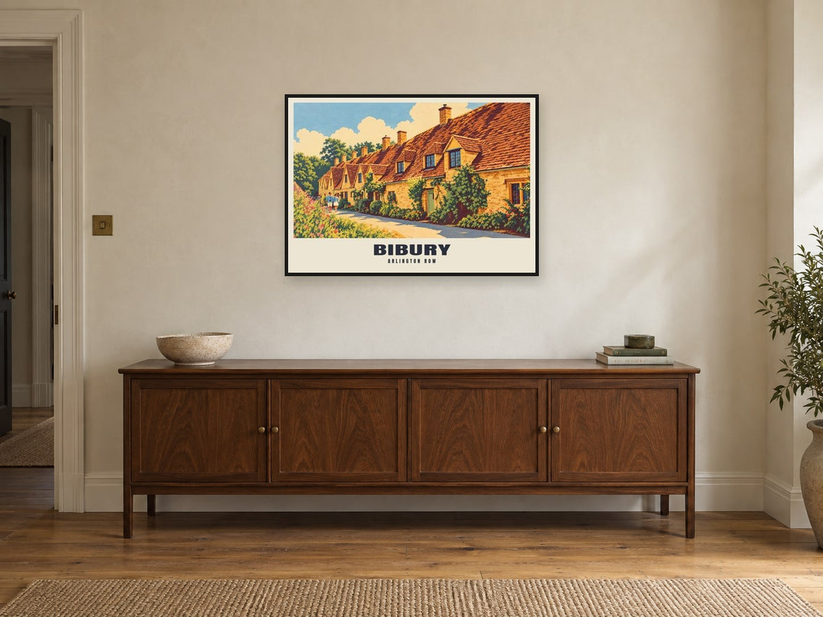 Arlington Row, Bibury Poster at A1, in a black frame, above a sideboard