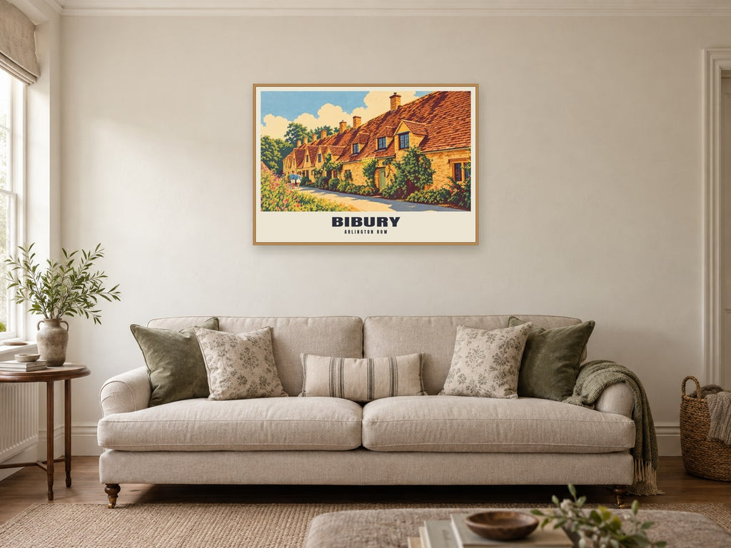 Arlington Row, Bibury Poster at A1, in a natural wood frame, in a sitting room