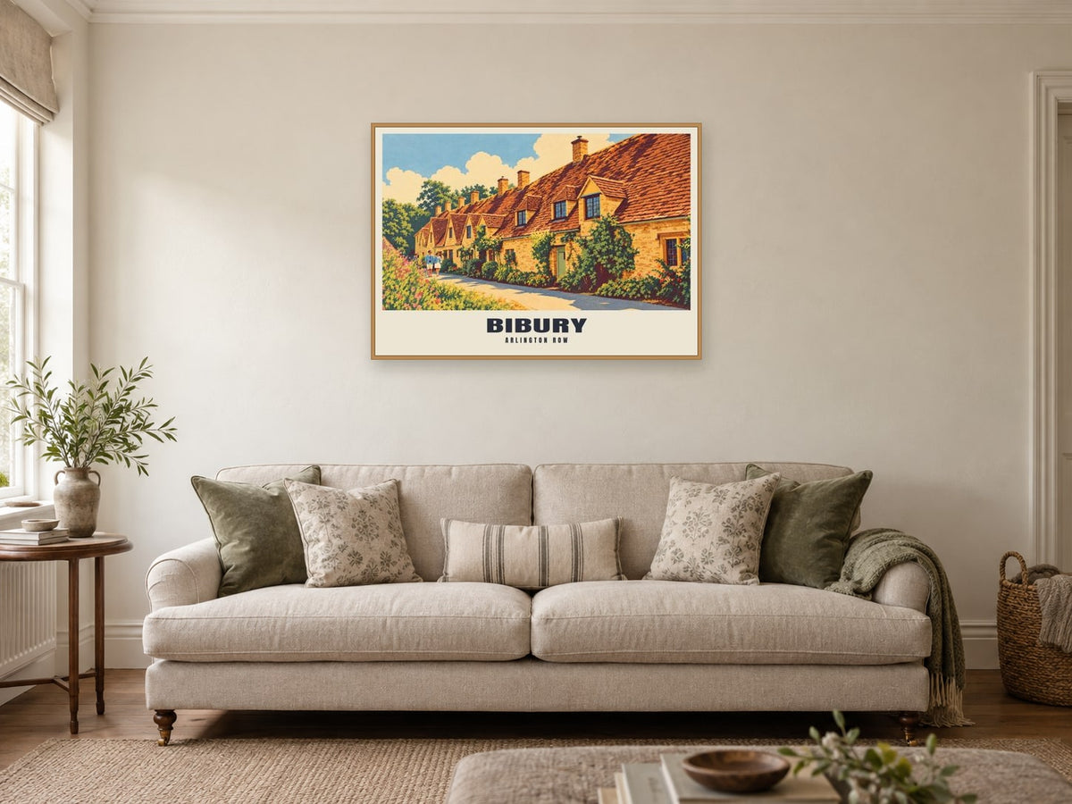 Arlington Row, Bibury Poster at A1, in a natural wood frame, in a sitting room