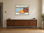 Bideford Long Bridge Poster at A1, in a black frame, above a sideboard