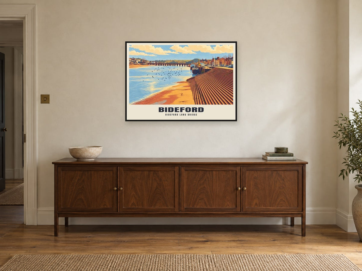 Bideford Long Bridge Poster at A1, in a black frame, above a sideboard