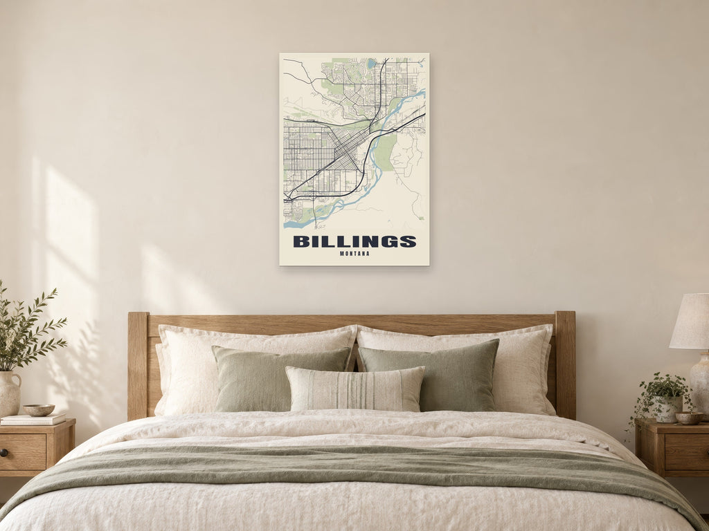 Billings Street Map Poster at A1, as a poster, above a bed