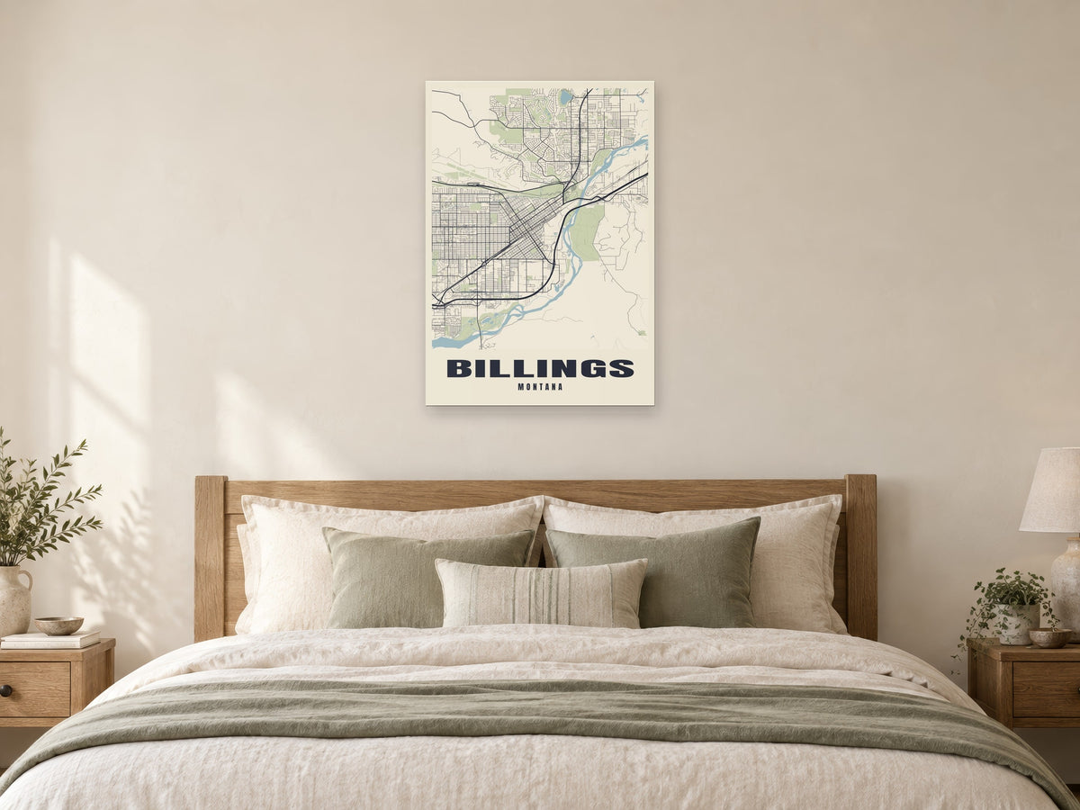 Billings Street Map Poster at A1, as a poster, above a bed