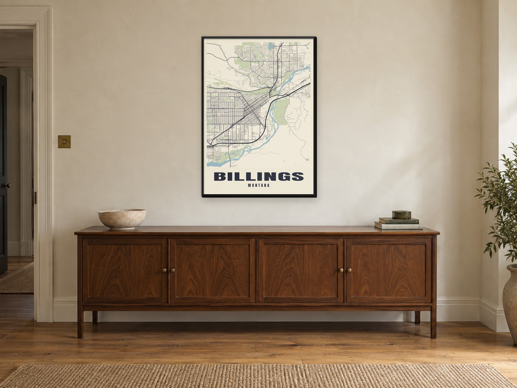 Billings Street Map Poster at A1, in a black frame, above a sideboard