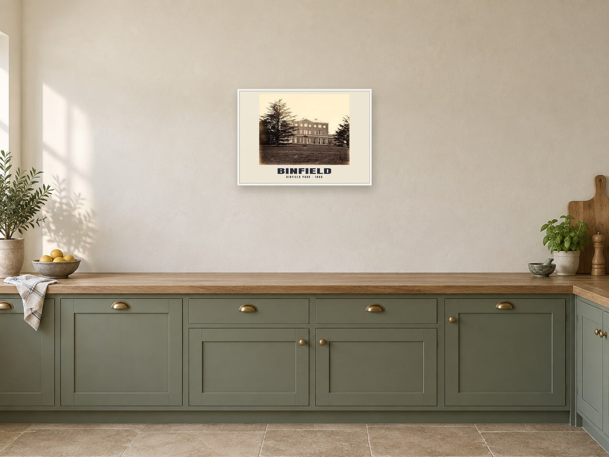 Binfield Park, 1866 Heritage Print at A2, in a white frame, in a kitchen
