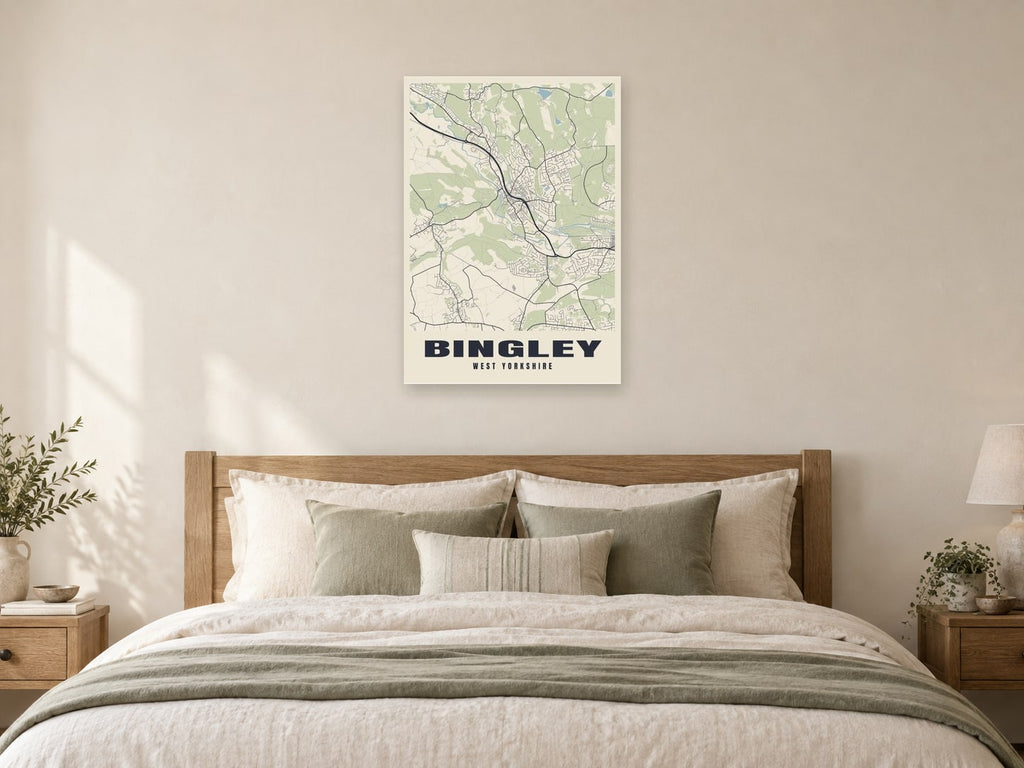 Bingley Street Map Poster at A1, as a poster, above a bed