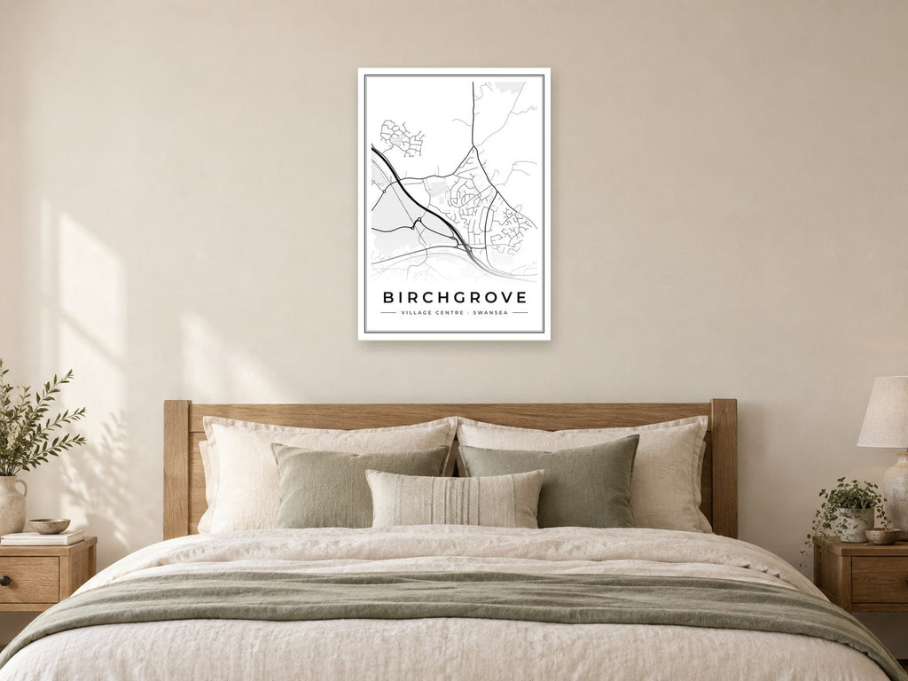 Birchgrove Village Centre Street Map Poster at A1, as a poster, above a bed