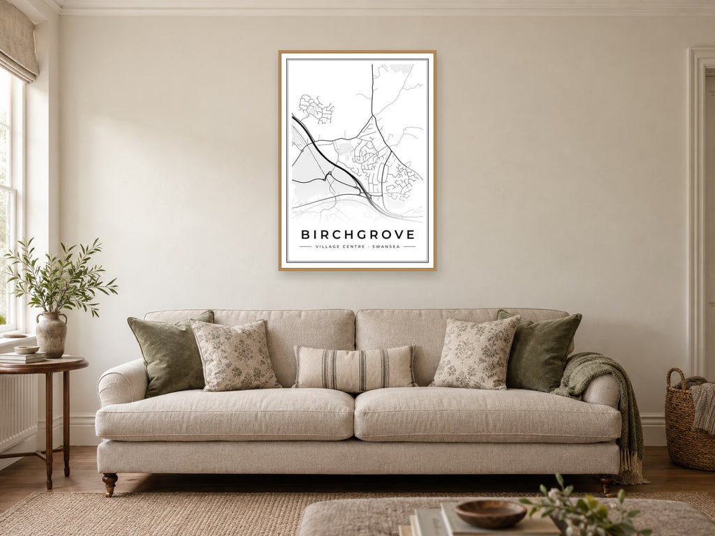 Birchgrove Village Centre Street Map Poster at A1, in a natural wood frame, in a sitting room