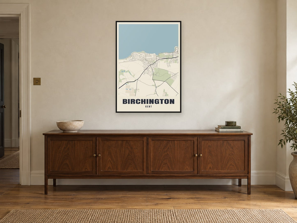 Birchington Street Map Poster at A1, in a black frame, above a sideboard