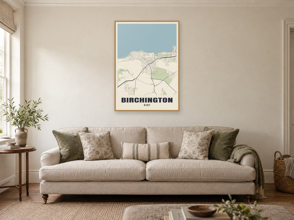 Birchington Street Map Poster at A1, in a natural wood frame, in a sitting room
