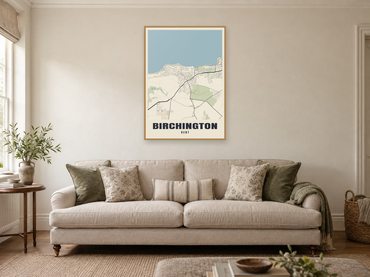Birchington Street Map Poster at A1, in a natural wood frame, in a sitting room