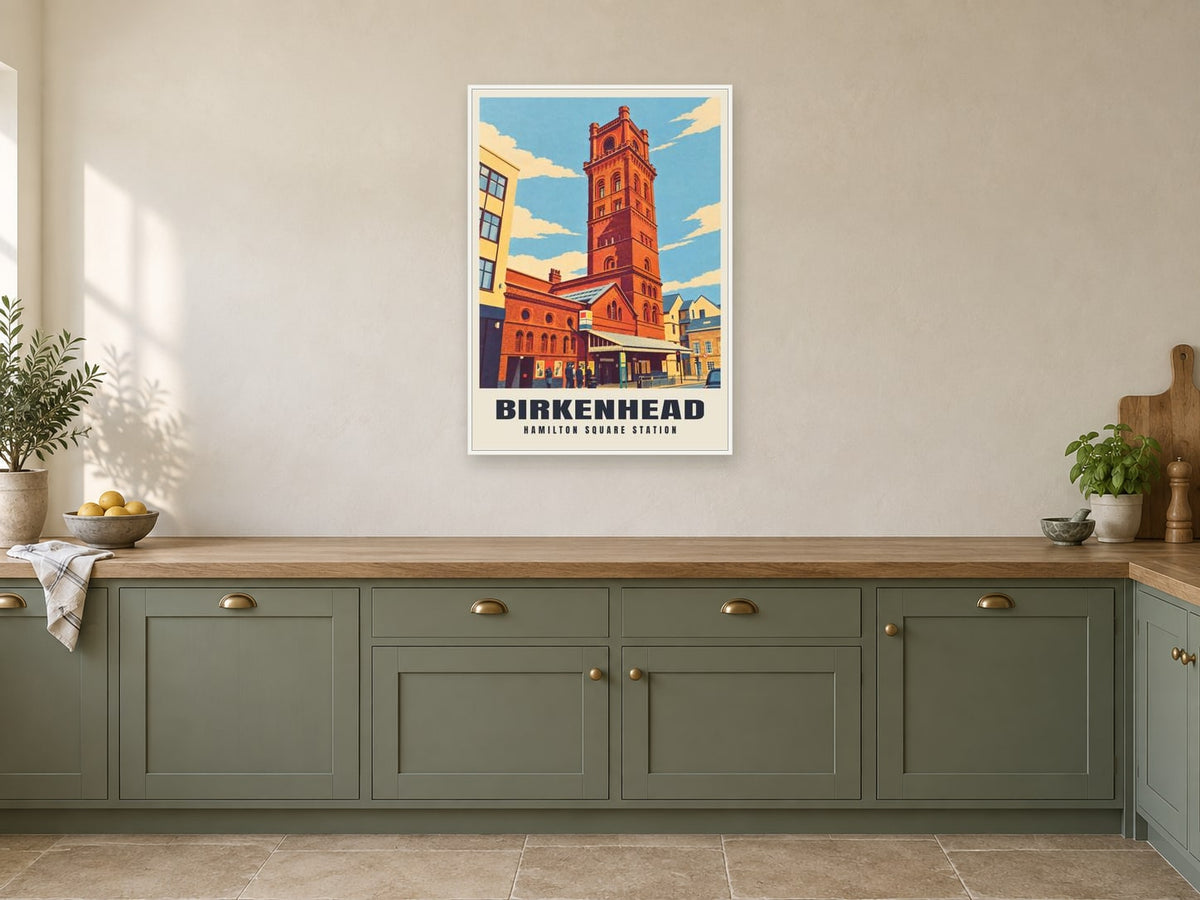 Hamilton Square Station, Birkenhead Poster at A1, in a white frame, in a kitchen