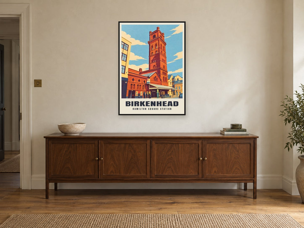 Hamilton Square Station, Birkenhead Poster at A1, in a black frame, above a sideboard