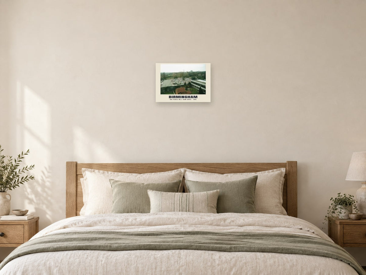 BBC Pebble Mill from above, Birmingham, 1992 Heritage Print at A3, as a poster, above a bed