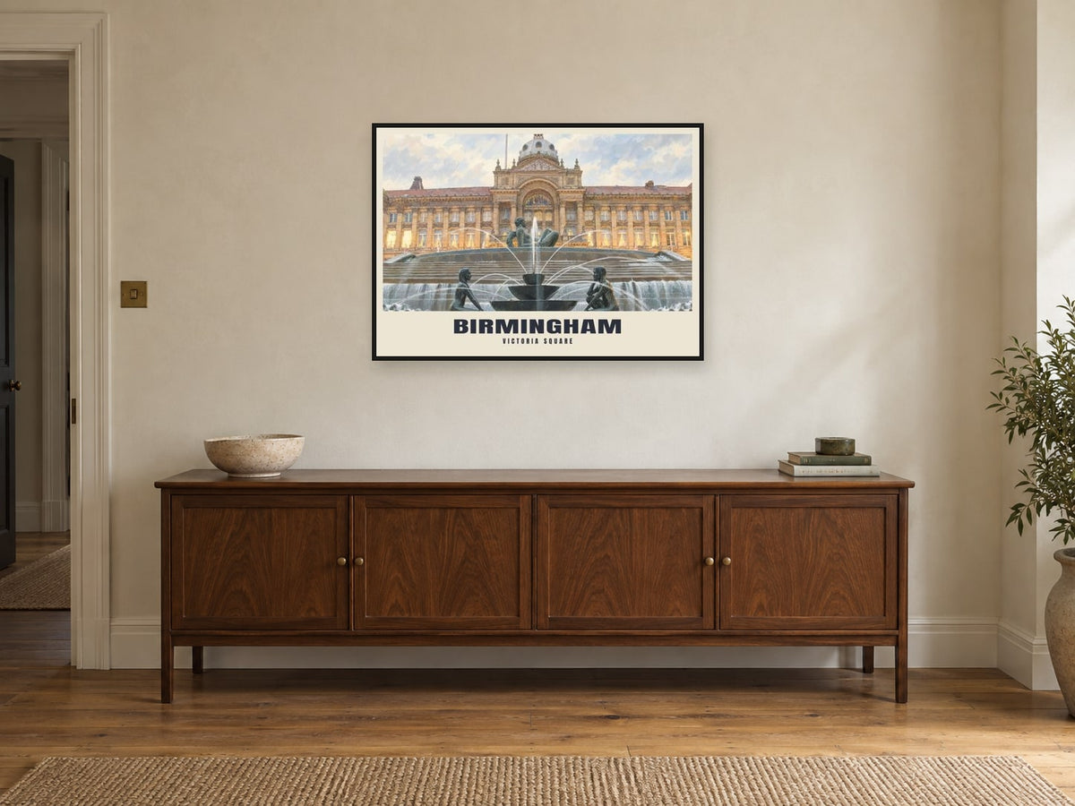 Victoria Square, Birmingham Poster at A1, in a black frame, above a sideboard