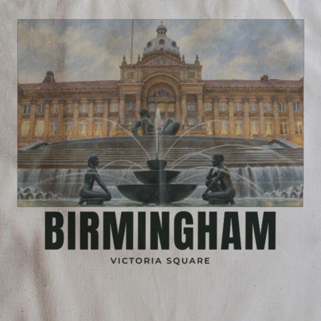 Close-up of the Victoria Square, Birmingham drawing and lettering printed on natural cotton