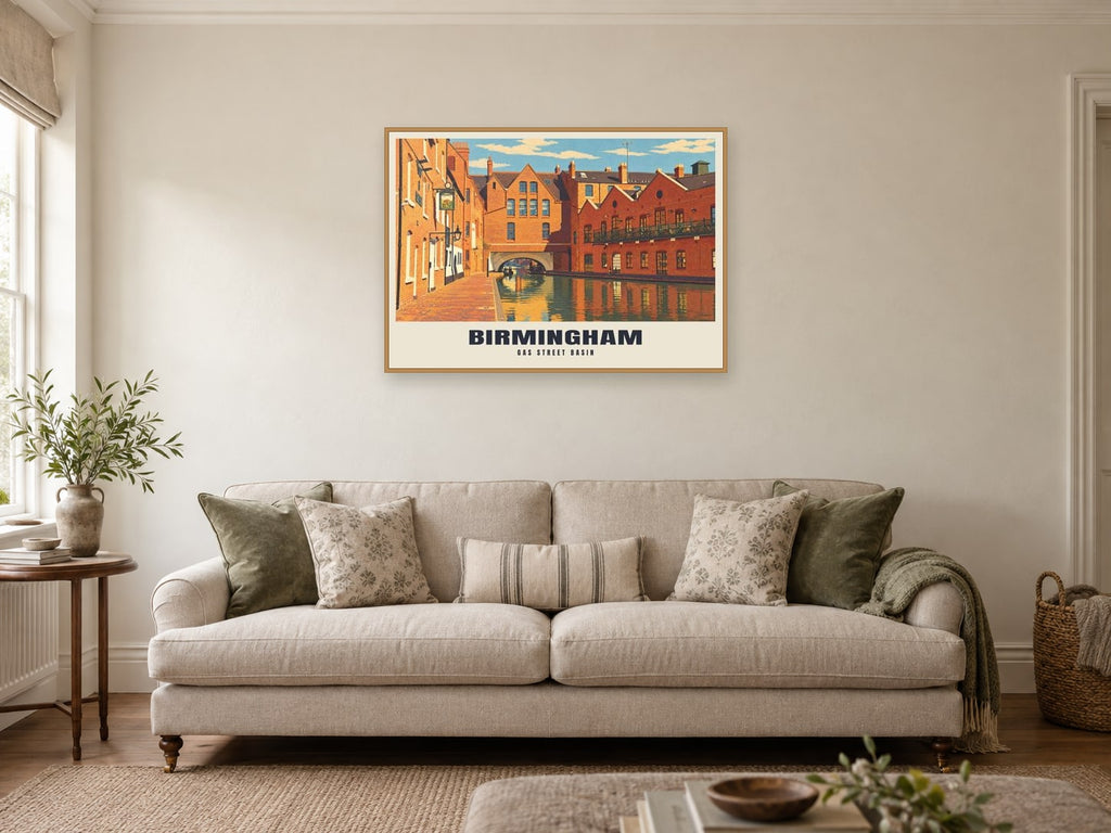 Gas Street Basin, Birmingham Poster at A1, in a natural wood frame, in a sitting room